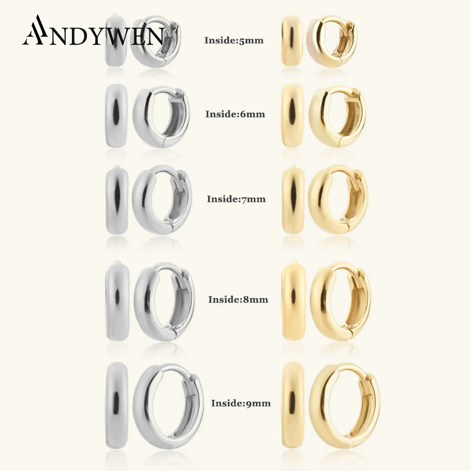 Andywen 925 prata esterlina ouro 3.5mm de espessura 5mm a 9mm círculo huggies piercing clipe círculo pendientes argola brinco presente de casamento