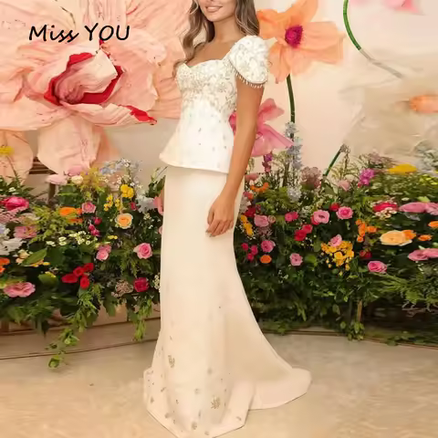 Customized Luxury Evening Dress Customized Wedding Party Dress for Women Sweetheart Neck Short Sleeves Crystal Mermaid