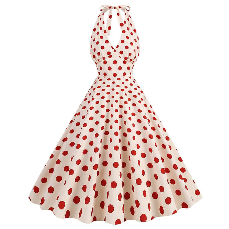 

2024 Summer the United States Hepburn wind retro hanging neck polka dot print swing dress women's clothing