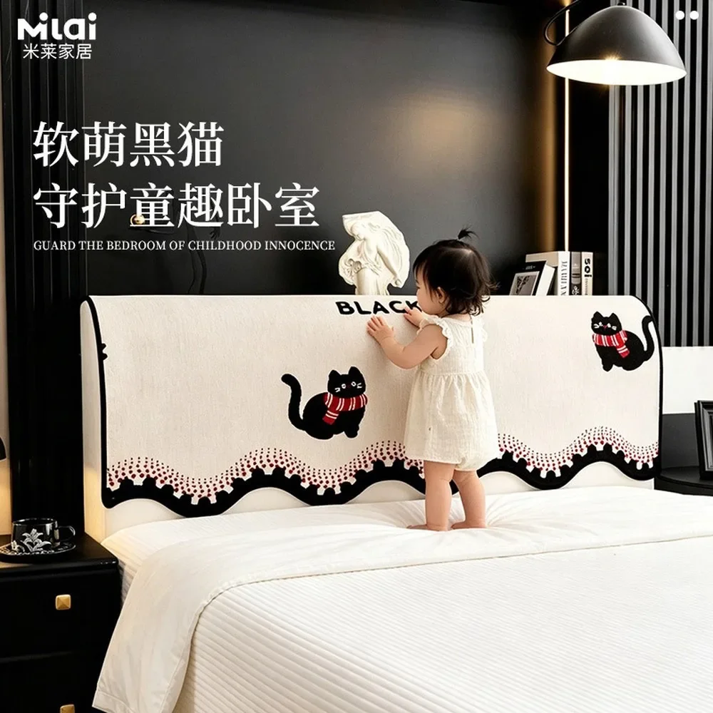 Cozy Chenille Cat Bed Headboard Cover, Non-Slip Scratch-Proof Soft Protector for Headboard, Cartoon Kitty Cushion Pad