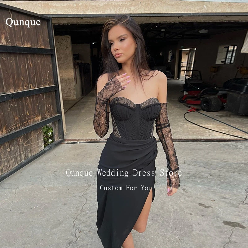 

Qunque Sexy High Slit Prom Dresses Black Satin Sweetheart Party Dresses Detachable Sleeves Lace Up Back Robe Soirée Customized