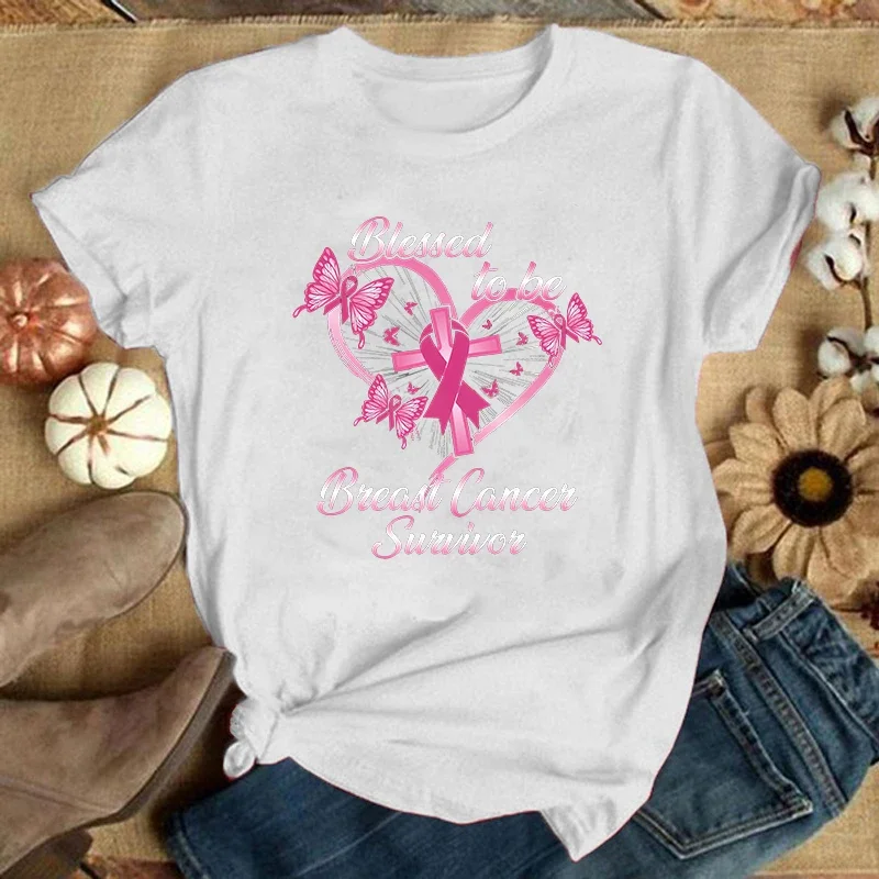 Nova moda o pescoço topos impressão de câncer de mama camisa de manga curta t camisa casual verão t camisas