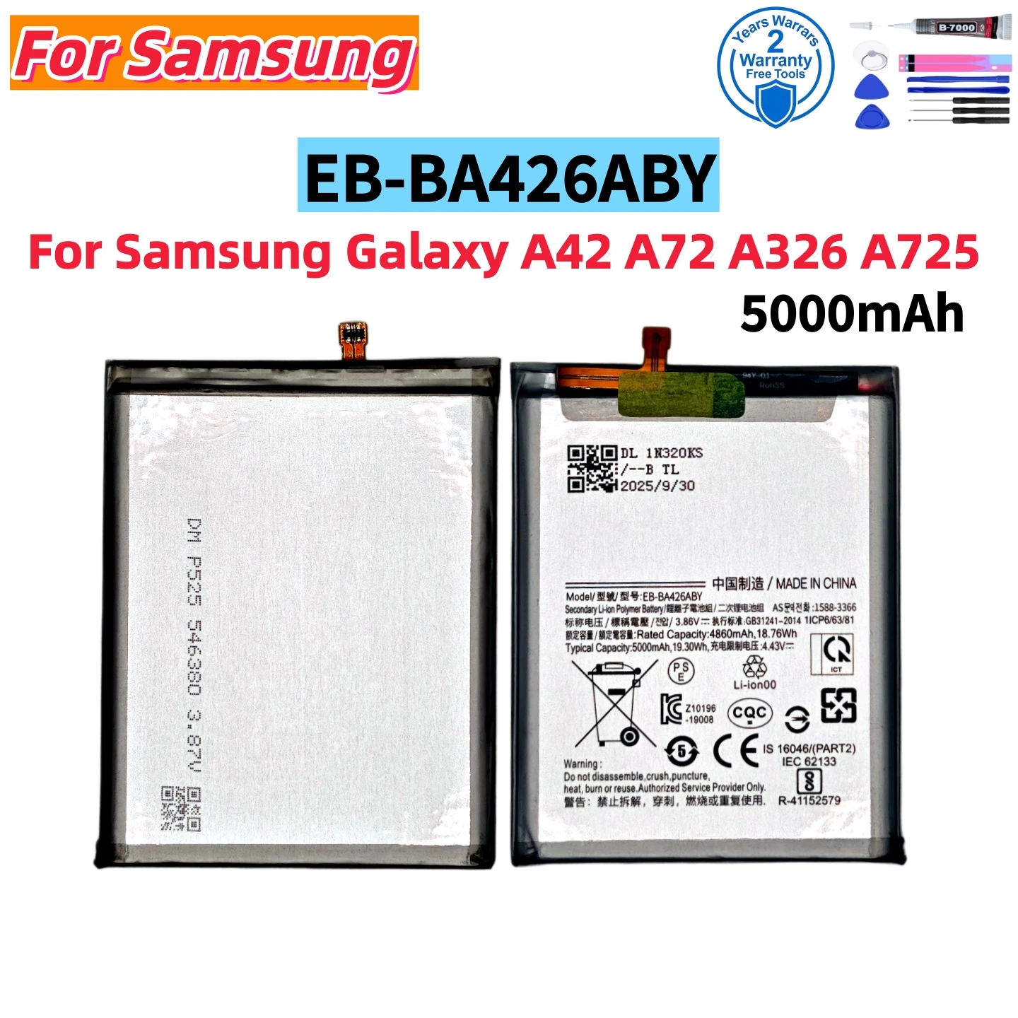 

New EB-BA426ABY 5000mAh Battery For Samsung Galaxy A42 A72 A326 A725 Replacement Phone Battery+Tools