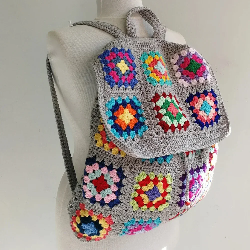 DIY Hand-crocheted Bohemian Shoulder Bag Grandmother Geometric Pattern Retro Hippie Bag