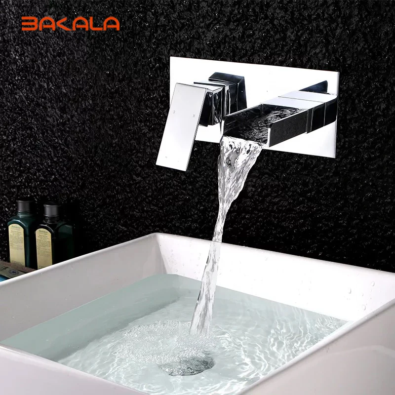 BAKALA High Quality  Bathroom Basin Sink Faucet Wall Mounted Waterfall Brass Mixer Tap With Embedded Box LT-324