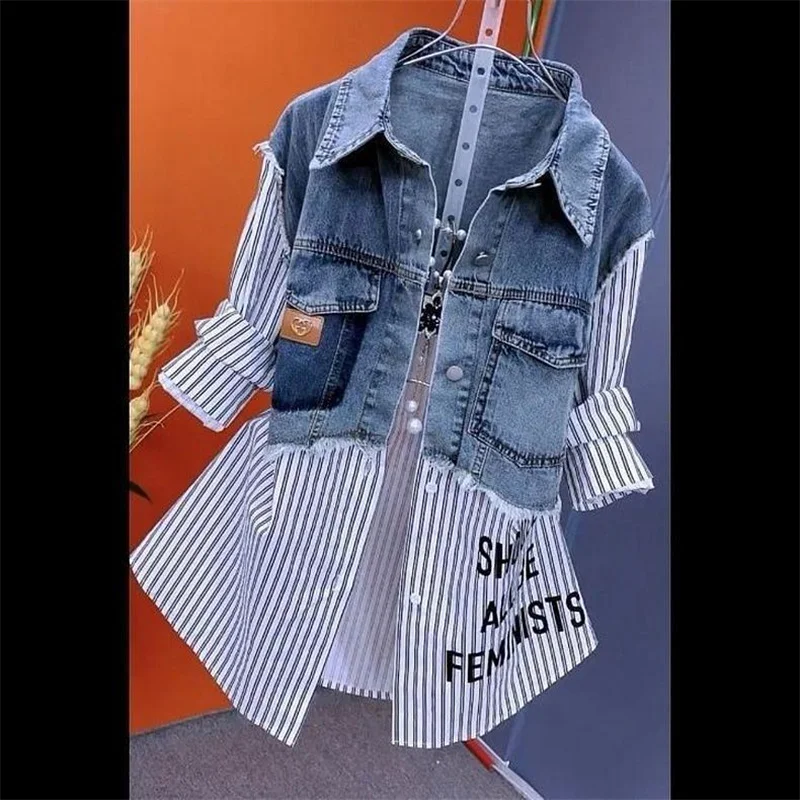 Women\'s Denim Jacket Design Fake Two Denim Shirts Women\'s 2024 Spring and Autumn Casual Fashion Joker Stitching Striped Tops