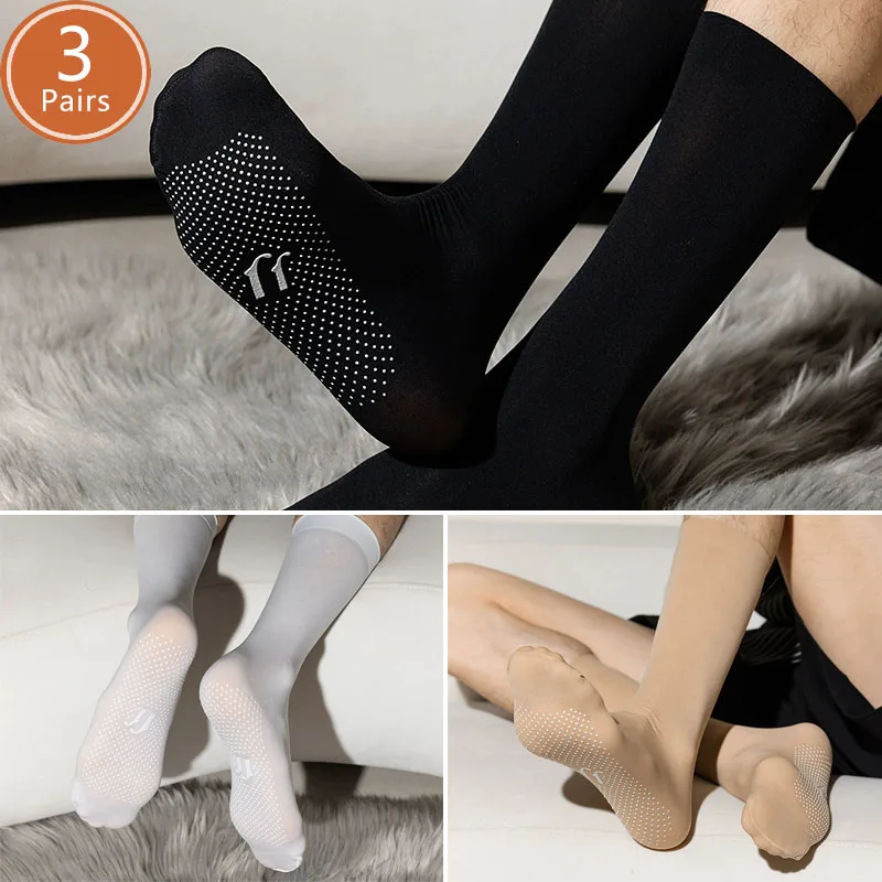 3 pares homem meias de seda longo negócio fino náilon antiderrapante respirável tubo alto abaixo do joelho bezerro formal wear tripulação meias cavalheiro