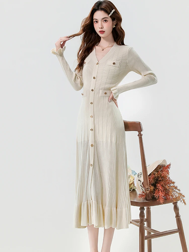 Vrouwen Effen Gebreide Single Breasted Lange Mouw V-hals Jurk Herfst Winter Elegante Verstoorde Lange Jurk 2025, Koreaanse Bodycon Jurk