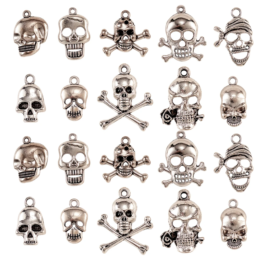 PandaHall 100pcs Halloween Skull Charms Mixed Style Skeleton Head Charms Tibetan Skull Head Charms for Jewelry Making