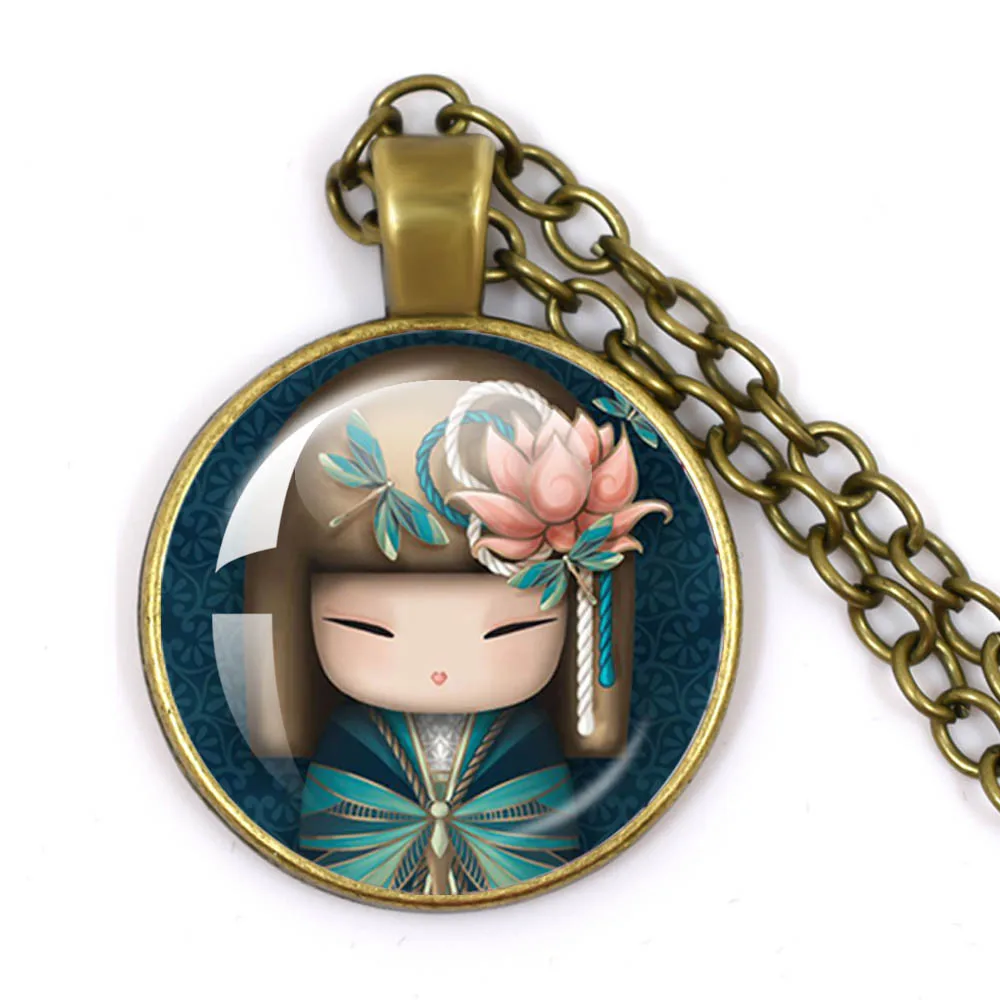 Cute Japanese Kokeshi Doll Kimono Lovely Girl Face Necklace Handmade Glass Cabochon Pendant Vintage  Charm Jewelry Necklace Gift