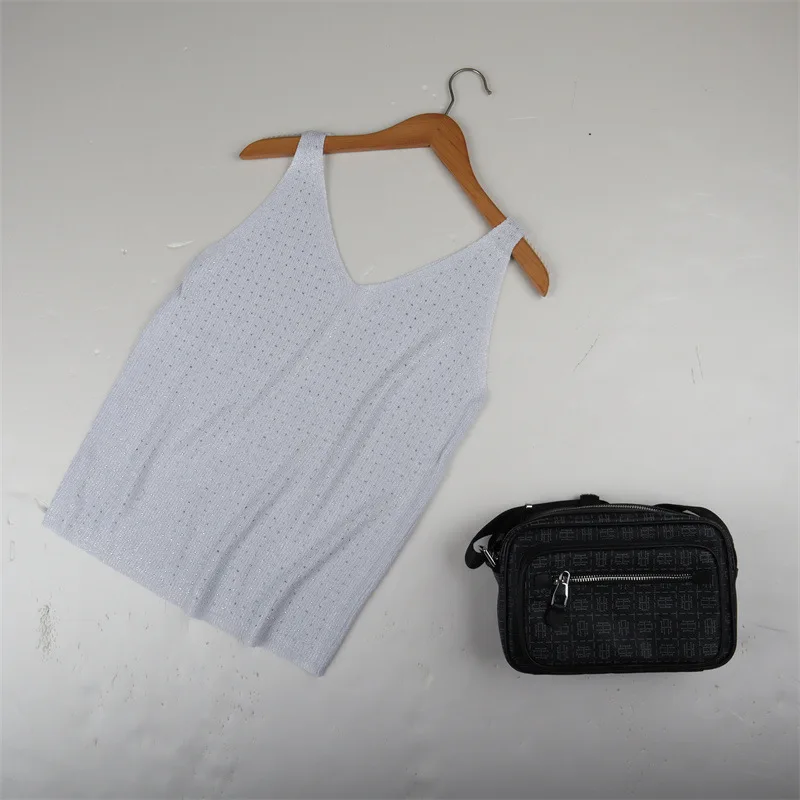 Gilet con scollo a V in maglia allentata alla moda con diamanti pieni per esterni ed interni estivi, con base alla moda