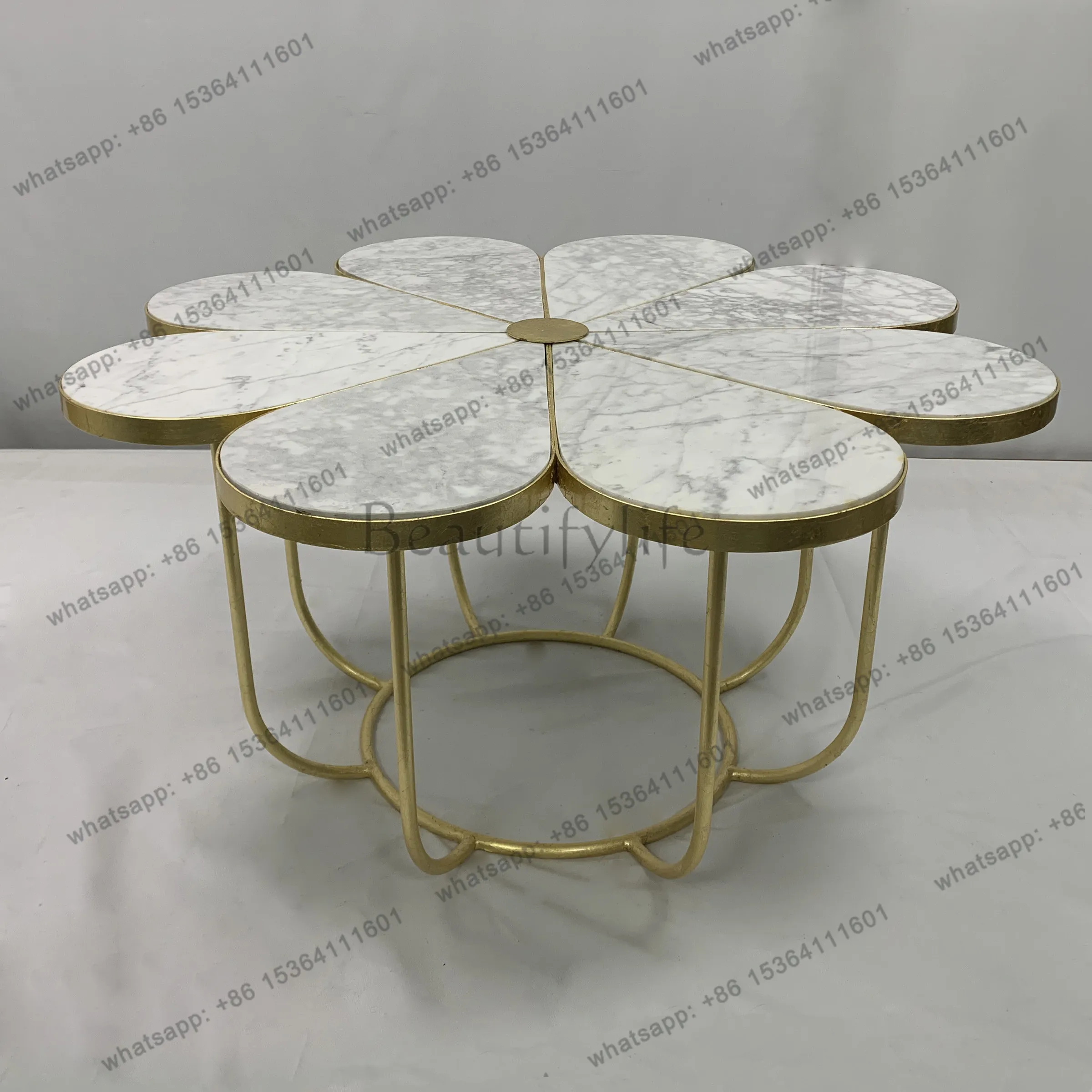 American light luxury living room retro petal marble desktop complete metal craft gold and silver foil coffee table