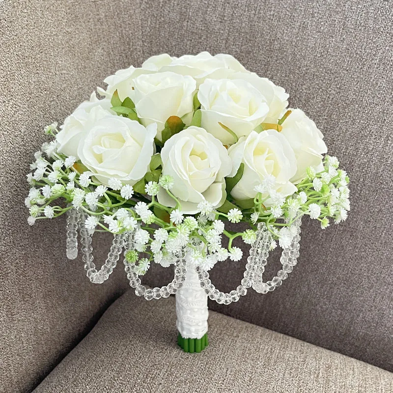 

Bride Bouquet Wedding Accessories Silk Roses Artificial Flowers Crystal Beads Bridesmaids Bouquet Wedding Marriage Party Decor