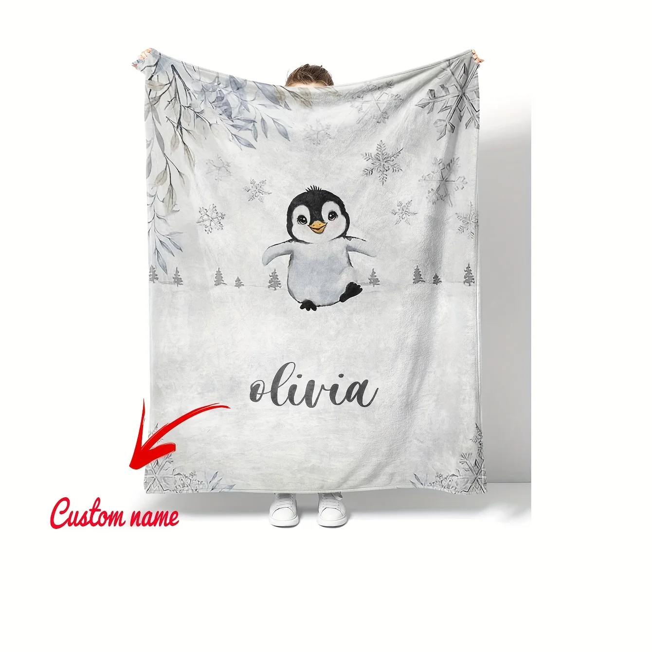 Digital printing custom name personalized snow penguin blanket,soft,light,suitable for bed,living room,birthday,outdoor，travel