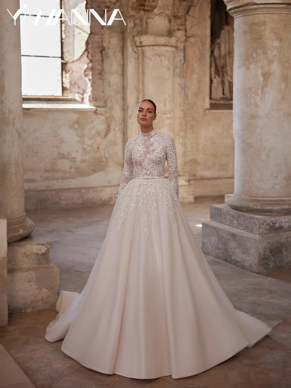

Sparkly Beaded Lace Appliques Wedding Dress Modest High Collar Long Sleeve Bridal Gown New Customized A-line Dresses For Bride
