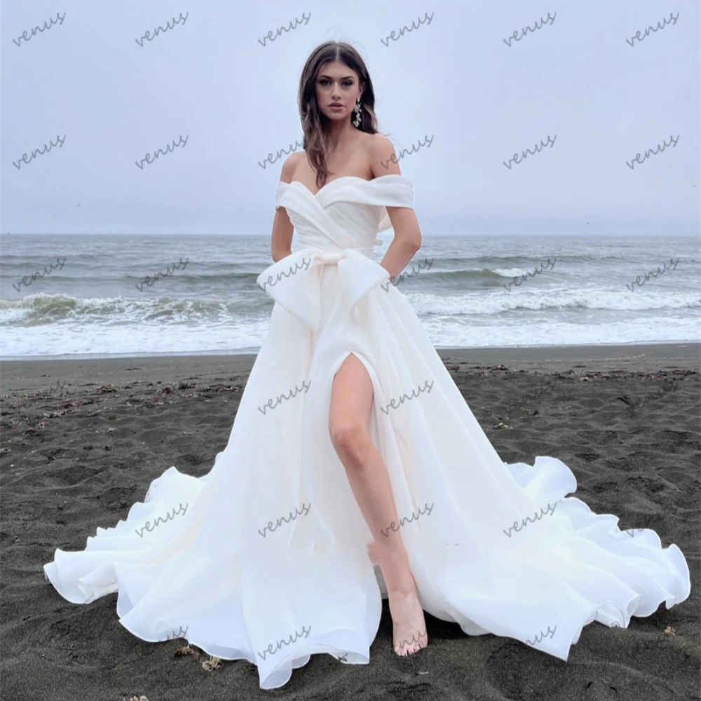 Graceful Wedding Dresses A Line Chiffon Bridal Gowns Off The Shoulder Robes Bow Decoration Simple Vestidos De Novia Customized