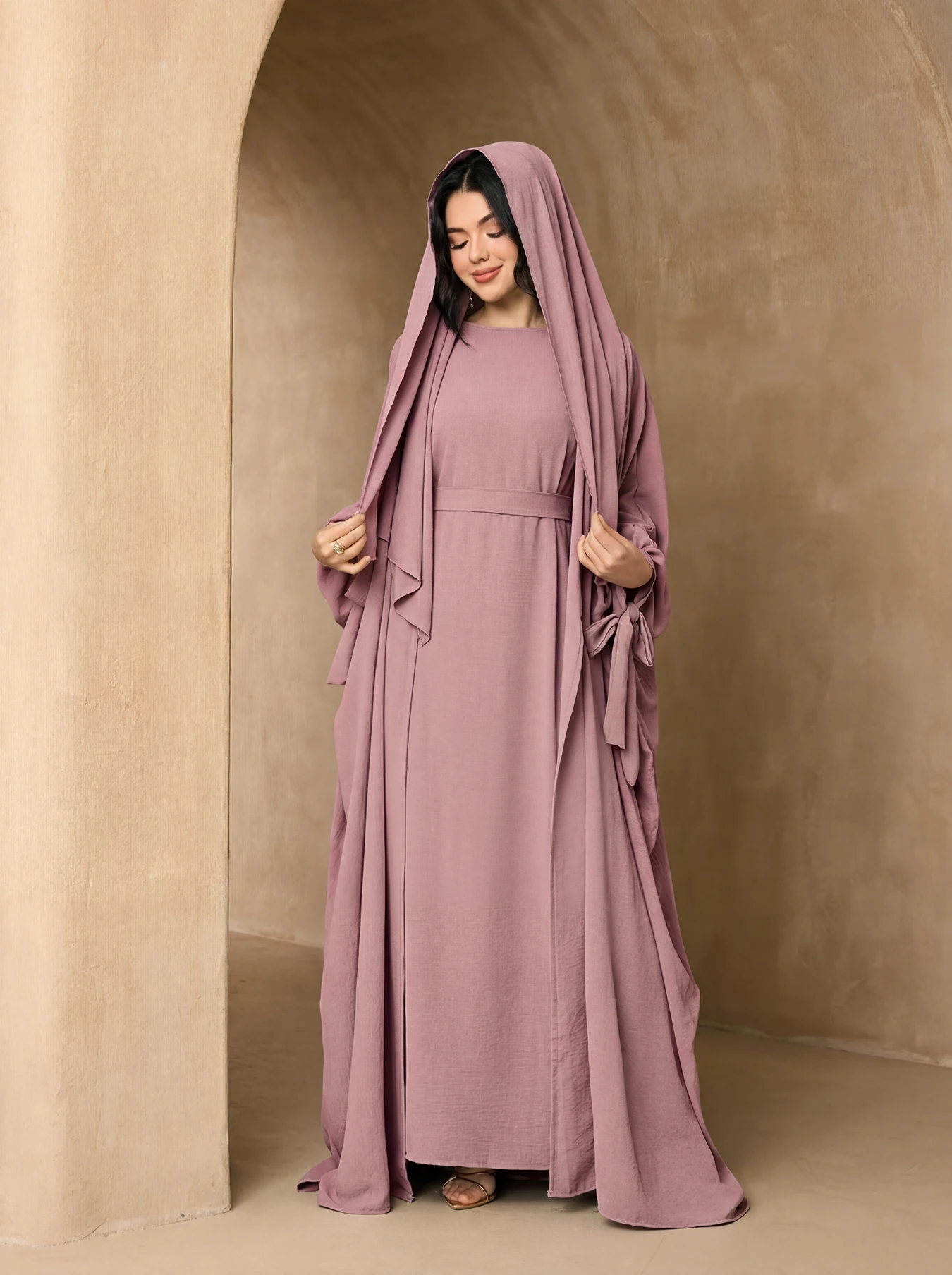 Solid Color Flare Tie Sleeve Open Abaya 3Pcs Set, Matching Hijab Belt Modest Long Maxi Outfit Muslim Ladies Eid Party Daily Wear