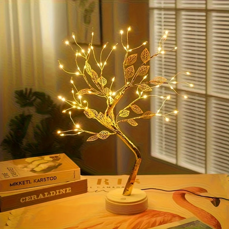 Golden Leaf Tree Lamp with 72 LEDs Decorative Night Light, USB/ Battery Dual Power Supply ,Suit for Wedding Party Home Decor