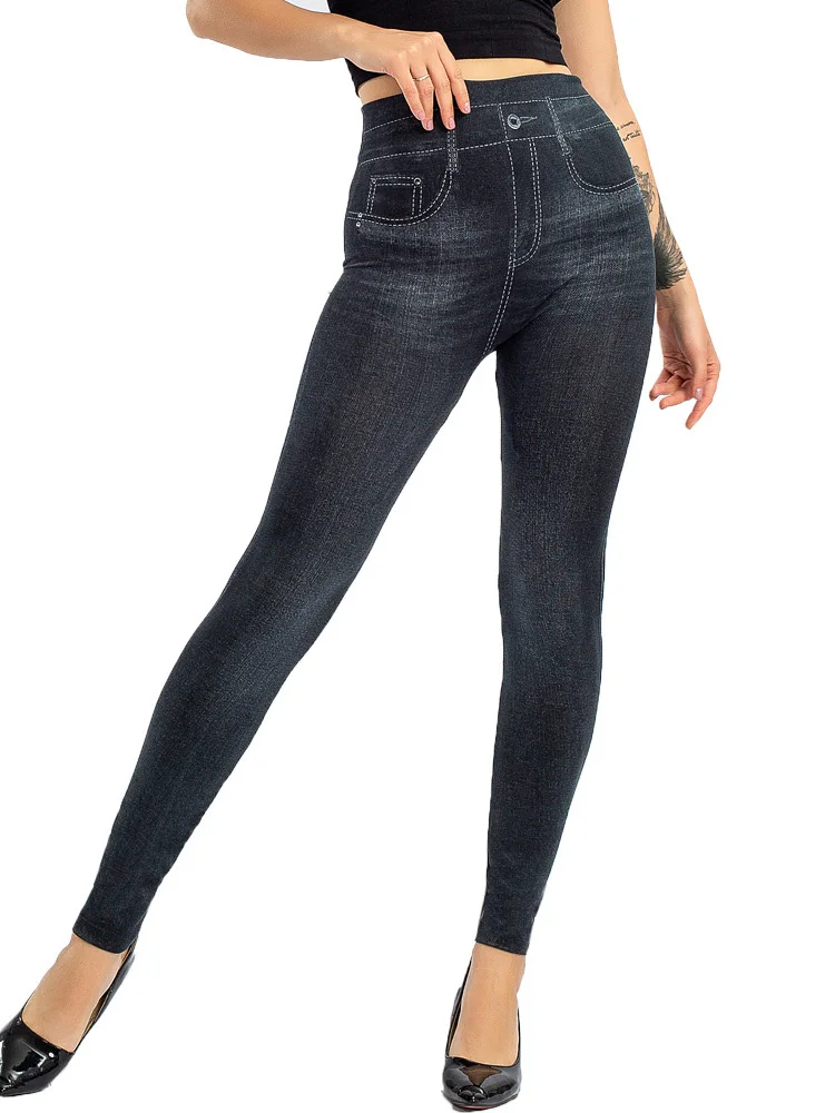 YRRETY-Leggings de sport en faux jean sans couture pour femme, pantalon imprimé commandé, taille haute, collants push-up pour la course et la gym,