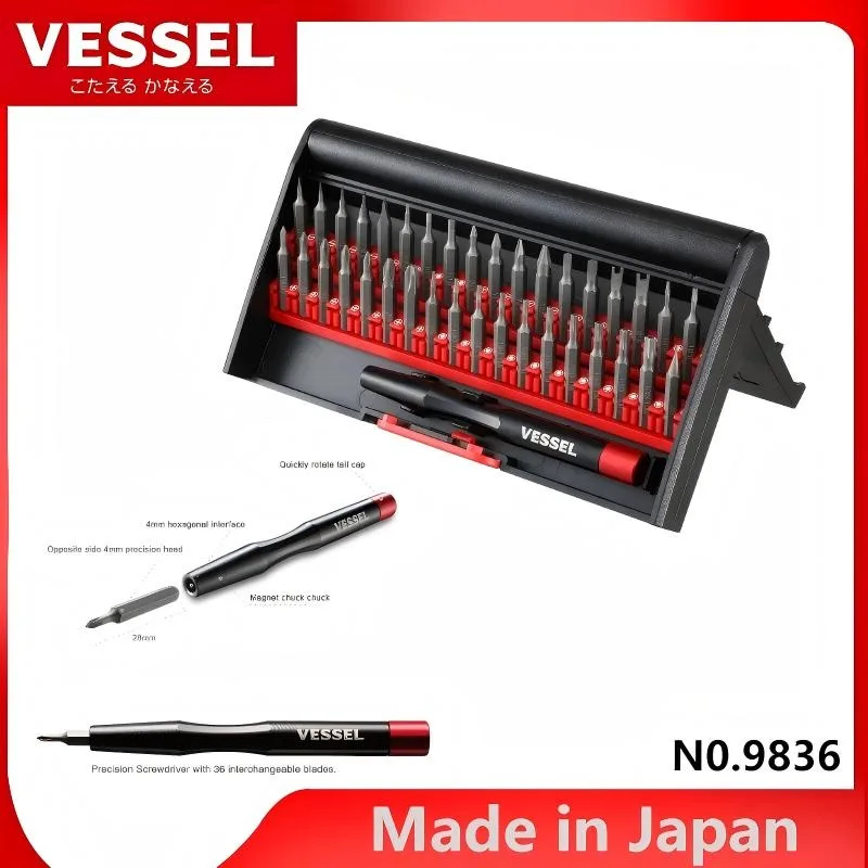 VESSEL 9836 Precision Screwdriver Set 36 pcs, Replaceable Screwdriver Bits Mini Screwdriver for Camera Watch Glass Repair Tool