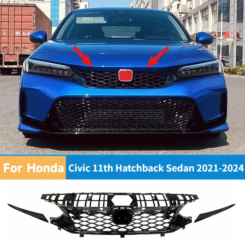 

For Honda Civic 11th Hatchback/Sedan 2021-2024 Car Front Grille Grill Air Intake Grille Upper Bumper Hood MeshTrim Auto Parts
