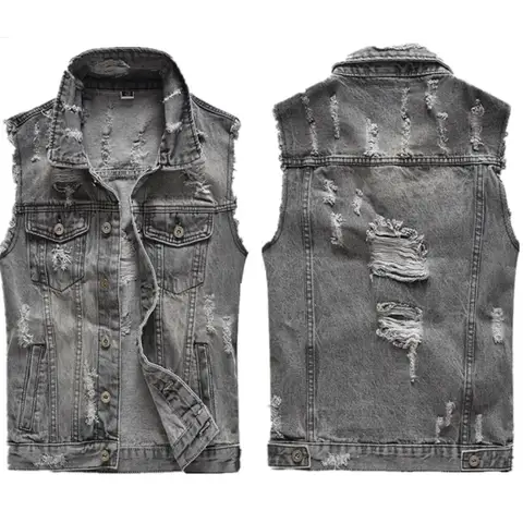 Ripped Denim Waistcoat Men Gray Sleeveless Jacket Motor Bike Vest Male Spring Popular Scratched Cowboy Jeans Cool Fashion Tops
