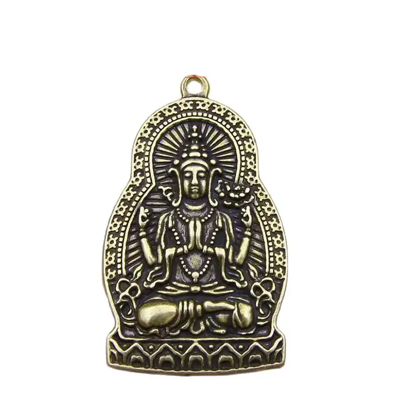 Meditation Buddha Statue Amulet Pendant Four-Armed Avalokitesvara Pendant Necklace Keychain Pendant Bronze Buddha Statue