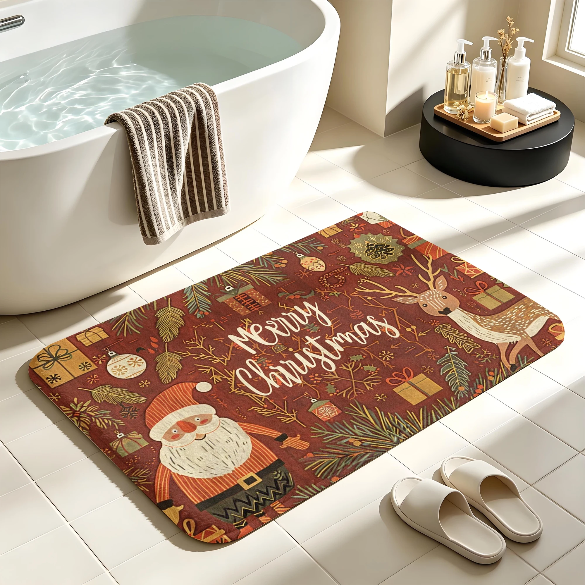 Retro Folk Santa Reindeer Pine Gift Print Plush Absorbent Sponge Mat,Bathroom Non‑Slip Mat & Decorative Door Mat