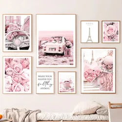 Pink Rose Paris Tower Vintage Car Macaron Cake Wall Art Canvas Painting Posters And Prints Wall Pictures For Living Room Decor