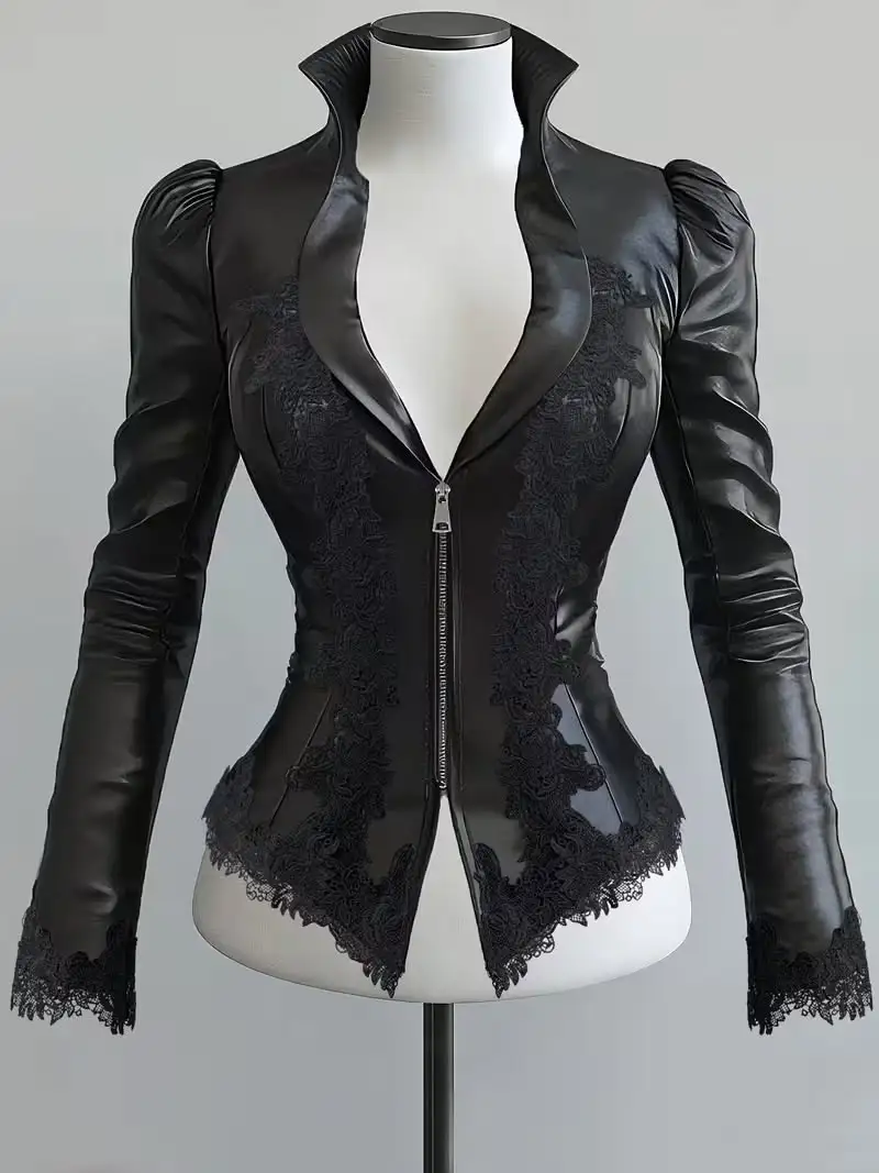 Women Gothic Faux Leather Top Vintage Lace Patchwork Zip Up Stand Collar Long Sleeve Slim Blouse Punk Party Club Wear PU Top