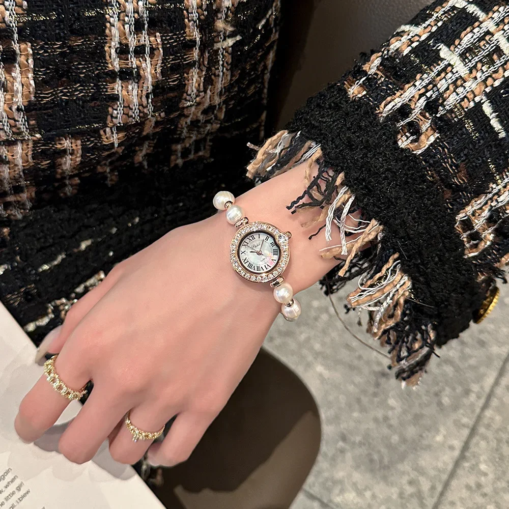Pulseira de pérolas joias vintage 2024 relógio feminino de quartzo com movimento japonês incrustado com strass para luxo e moda