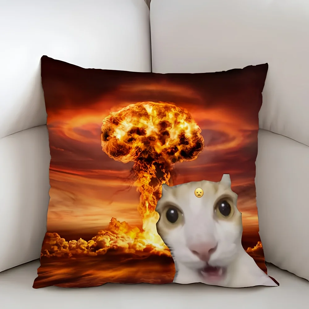 1pc Funny Meme Cat Nuclear Explosion Mushroom Cloud Throw Pillow Cover 2D Double-Side Print Polyester Cushion Case for Sofa Weir