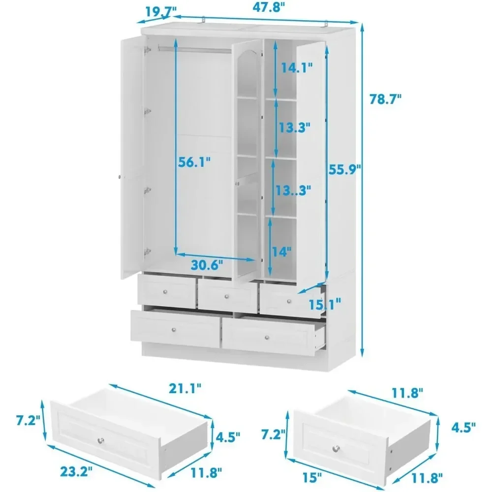 3 Door Wardrobe Closet with Mirror & 5 Drawers, Wardrobe Armoire Closet with Hanging Rod, Armoire Wardrobe with 4 Tier Shelves