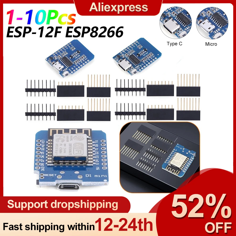 1-10Pcs D1 Mini ESP8266 ESP-12F CH340G V2 USB WeMos WIFI Development Board ESP-8266 D1 Mini NodeMCU Lua IOT Board 3.3V With Pins