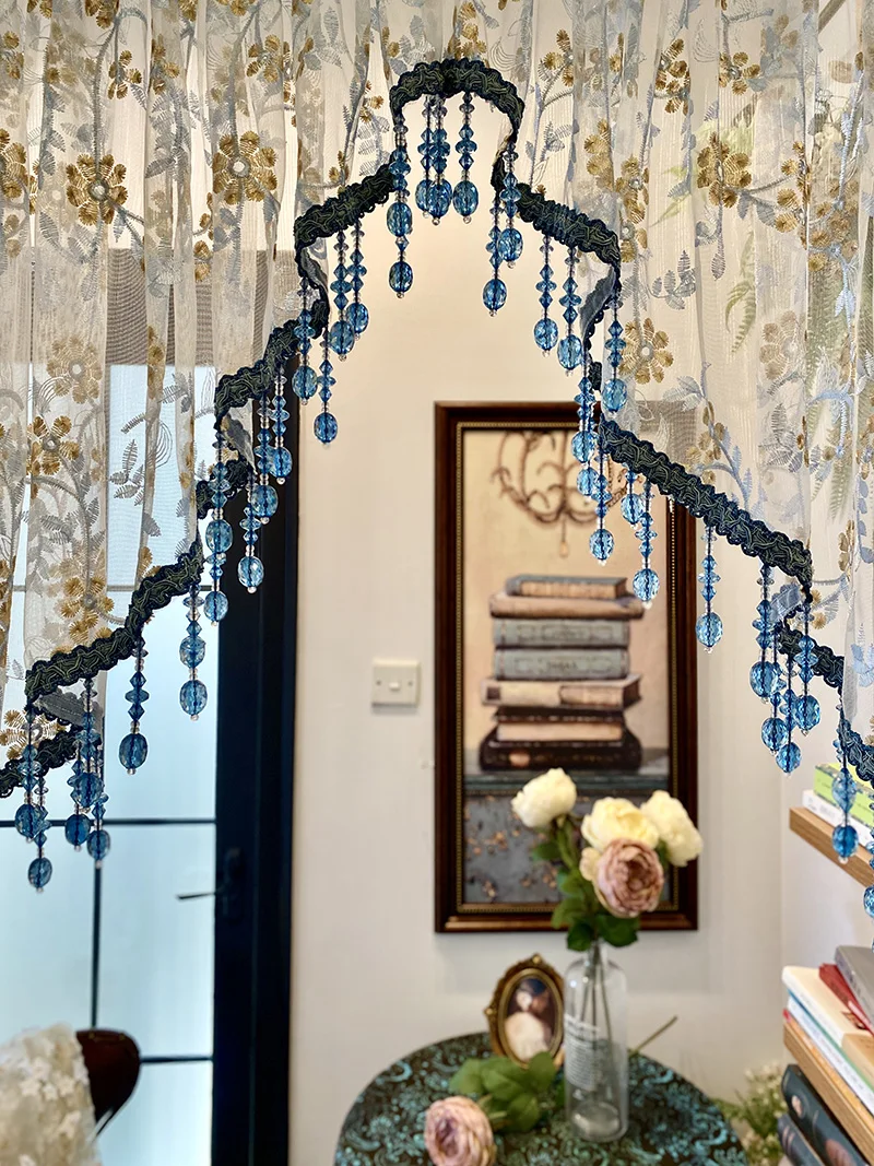 

Villa Soft Decoration Romantic Curtains for Living Room Color Blue Crystal Embroidered Lace Door Arched Door Curtain