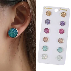 6Pairs/Set Women's Shiny Resin Ear Stud with Round Bling Druzy Stone for Girls Cute Earrings Fashion Jewelry Gift