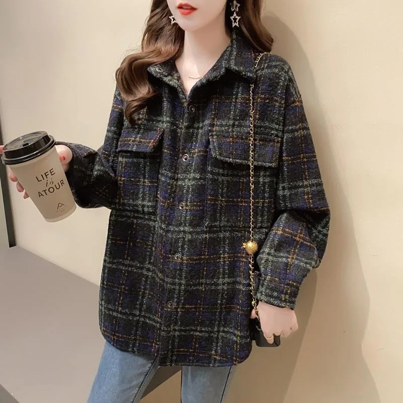

Женская осенне-зимняя новая стильная клетчатая куртка с воротником-поло на пуговицах, модная свободная универсальная повседневная куртка с длинными рукавами