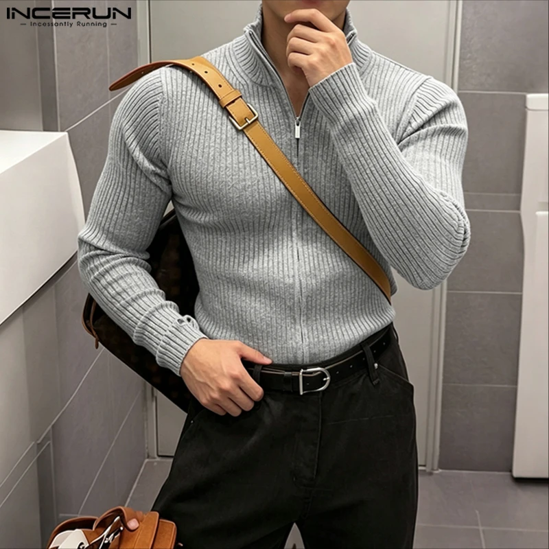 INCERUN Men's Cardigan Solid Color Zipper Long Sleeve Stand Collar Sweaters For Man Knitted Streetwear 2026 Fashion Men Clothes