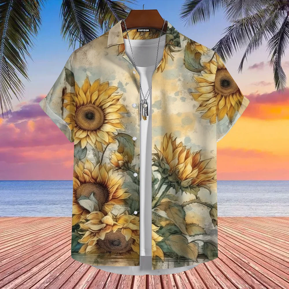 

Hawaiian Men's Shirts 2024 Sunflower Sunshine Print Lapel Shirts For Men Fashion Short Sleeve Tops Loose Oversized Men Clothing