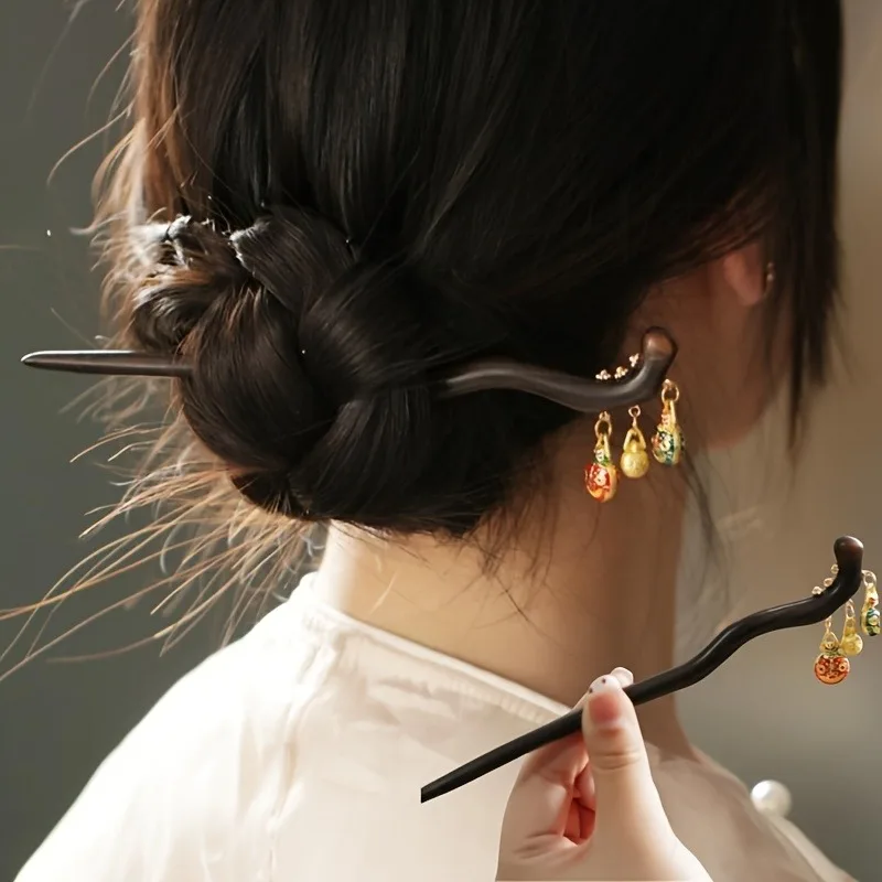 Swallowing Gold Beast Pendant Hair Ornament Auspicious Retro Wooden Hairpin Ancient Style Modern Coiled Hair Multi functional He