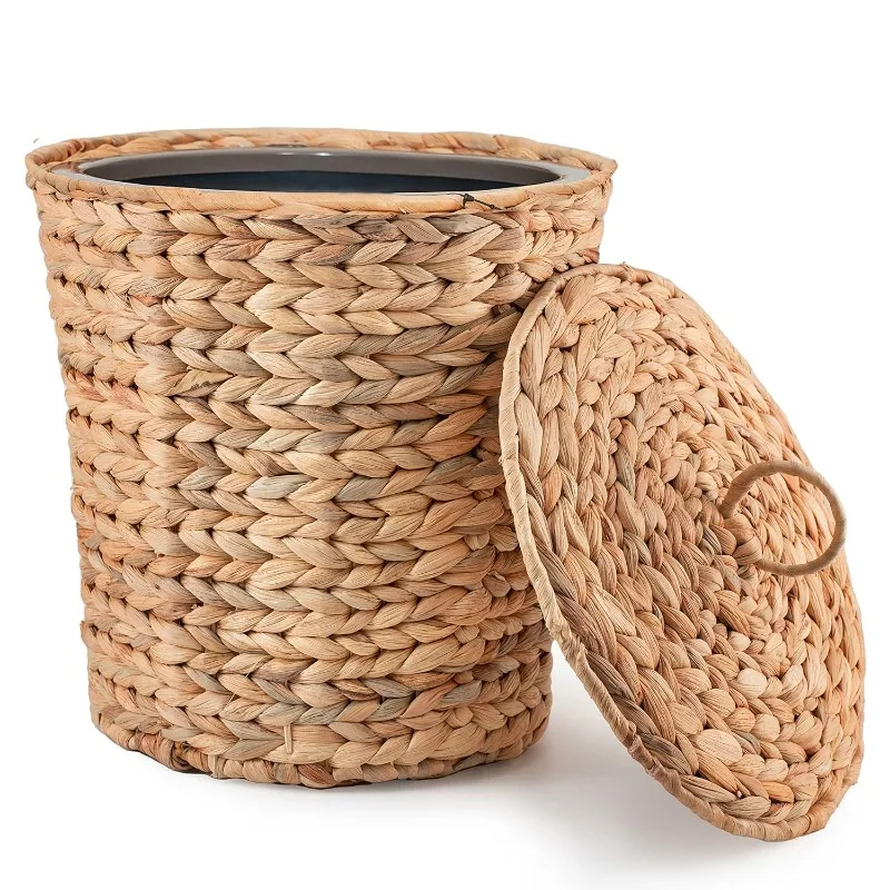 Wicker Trash Can with Lid in Bedroom, Bathroom - Trash Can in Office - Boho Woven Wicker Waste Basket