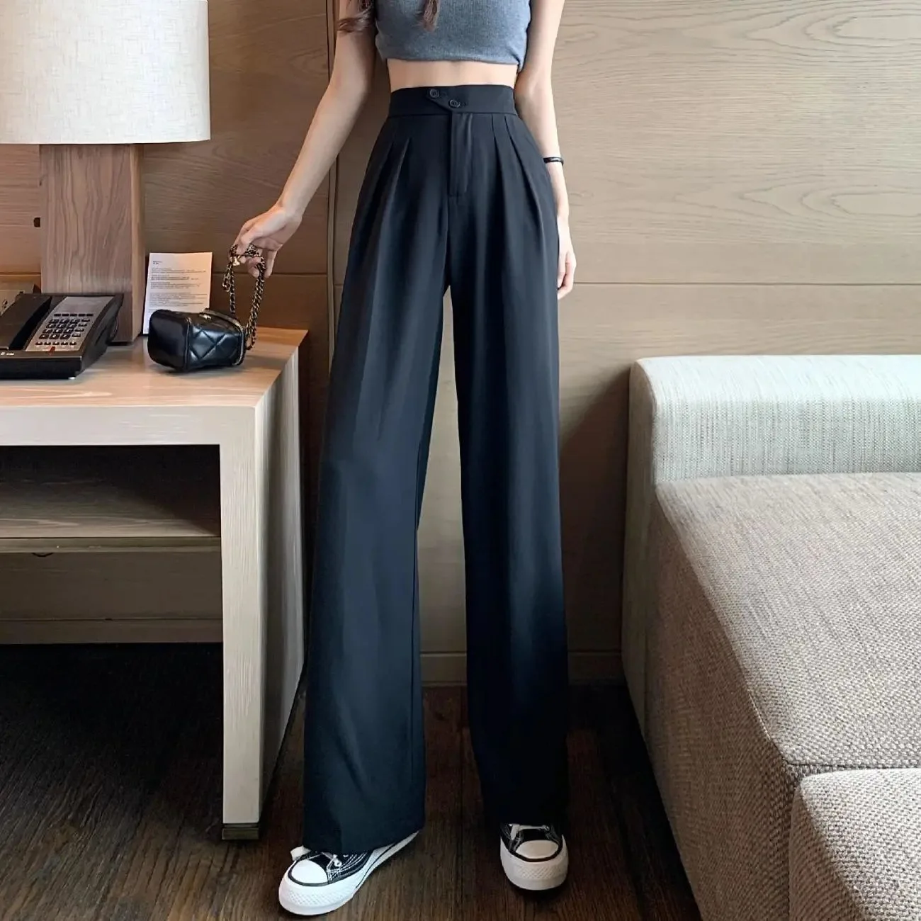 Women Solid Wide Leg Pants High Waist Button Spliced Trousers Casual Pockets Long Pant Loose Elegant Sporty Office Ladies