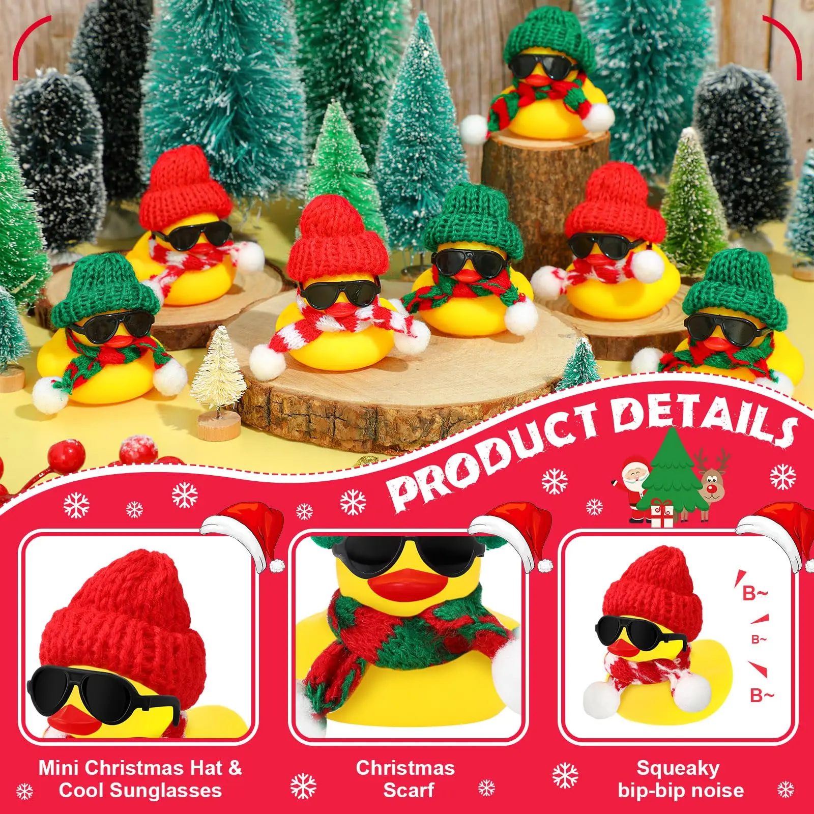 Jijie 6/12 Sets Christmas Mini Rubber Duck Bulk with Sunglasses Scarf Hats Decor for Christmas Winter Gift (Classic Hat)