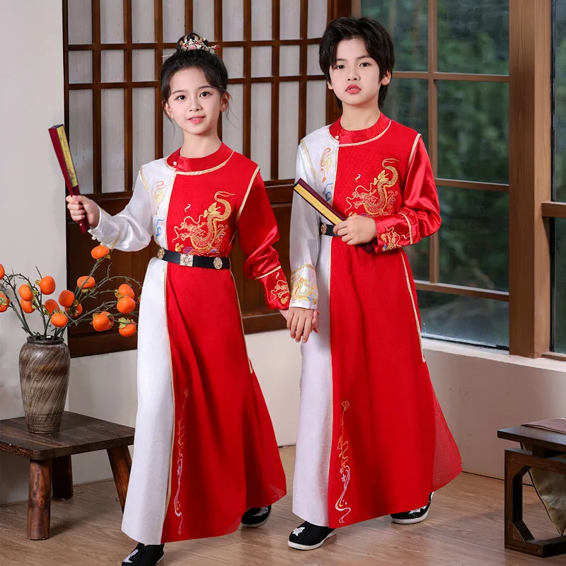 Hanfu Red and White Color Blocked Performance Costume New Chinese Style Long Sleeved Ethnic Style Children's Hanfu