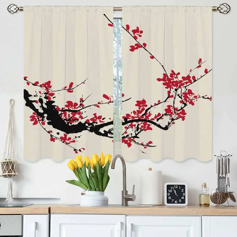 Plum Blossom Kitchen Curtains Ancient Traditional Artistic Cherry Blossom Pattern Short Tier Curtains for Bathroom Cafe Small