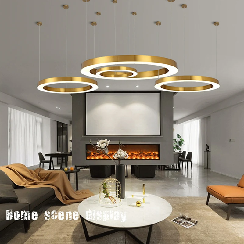 

Modern Hotel Labby Gold Ring Led Chandelier Minimalism Round Livingroom Exhibition Stairs Kitchen Decorative Hanglamp Fixtures