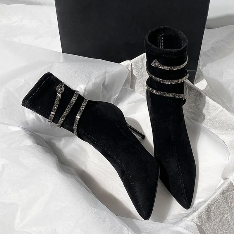 Eilyken Street Style Winter Crystal Socks Black Women Ankle Boots Pointed Toe Thin Heels Nightclub Ladies Botines Zapatos Mujer