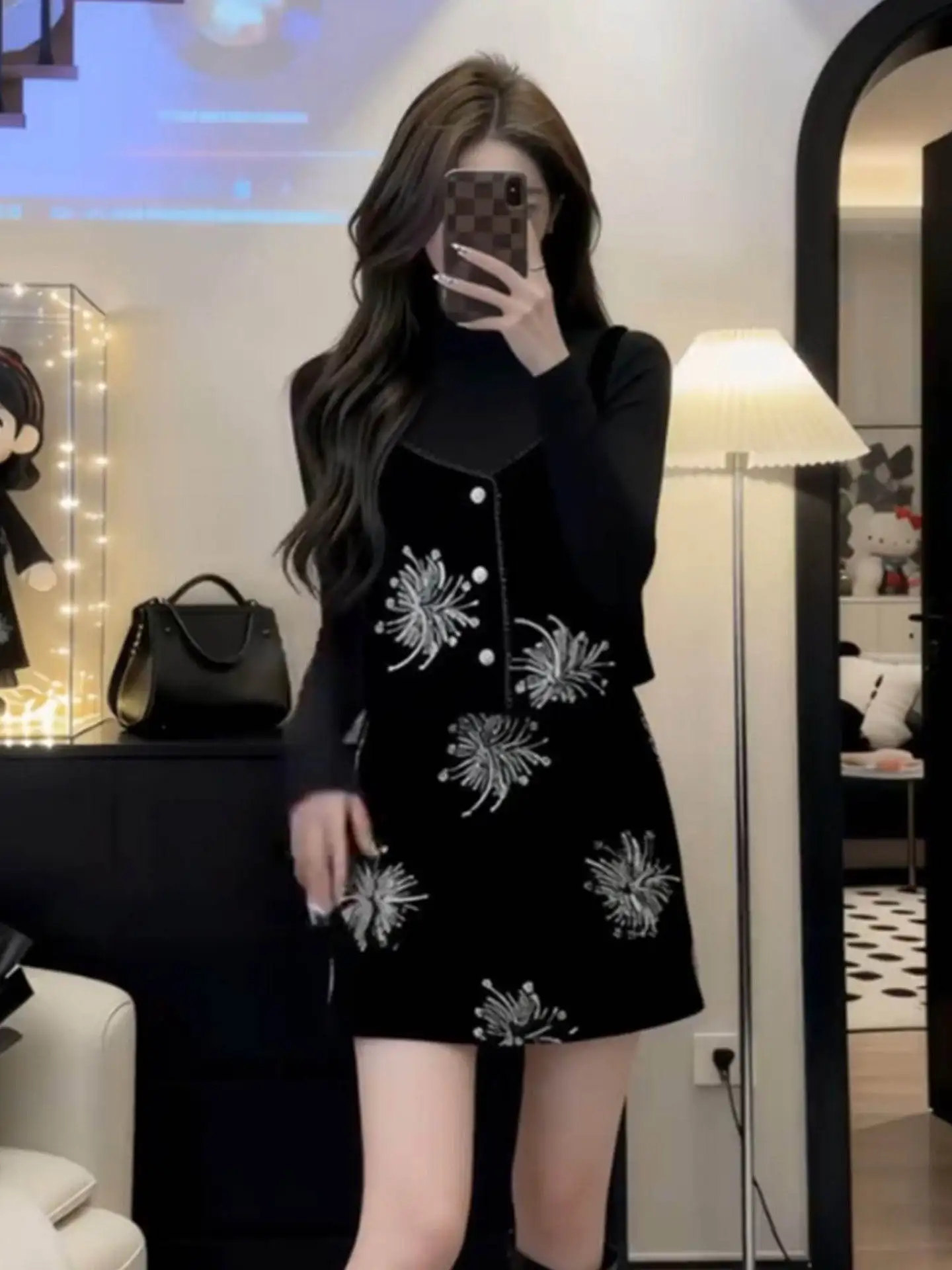 

plus Size Women's Ele iny Embroidered Strap Base irt f Skirt Spring New Tee-piece Set High Waist Floral Pattern