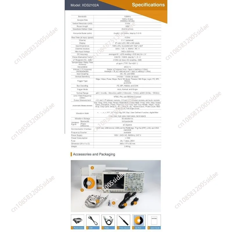 XDS2102A 100 ميجا هرتز 12 بت عالية الدقة ADC 2-قناة ملتقط الذبذبات الرقمي دعم لSCPI و Labview