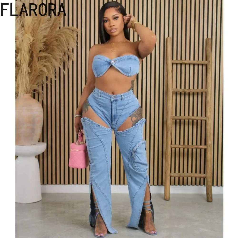 FLARORA Fashion Denim Zipper Hollow Women\'s Two Pieces Set Woman Strapless Bra Crop Top And Jeans Pants Outfits Y2k Streetwear